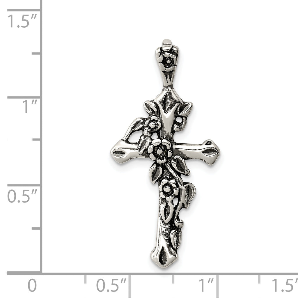 Sterling Silver 925 Flowered Cross Pendant with Polished Antique Finish