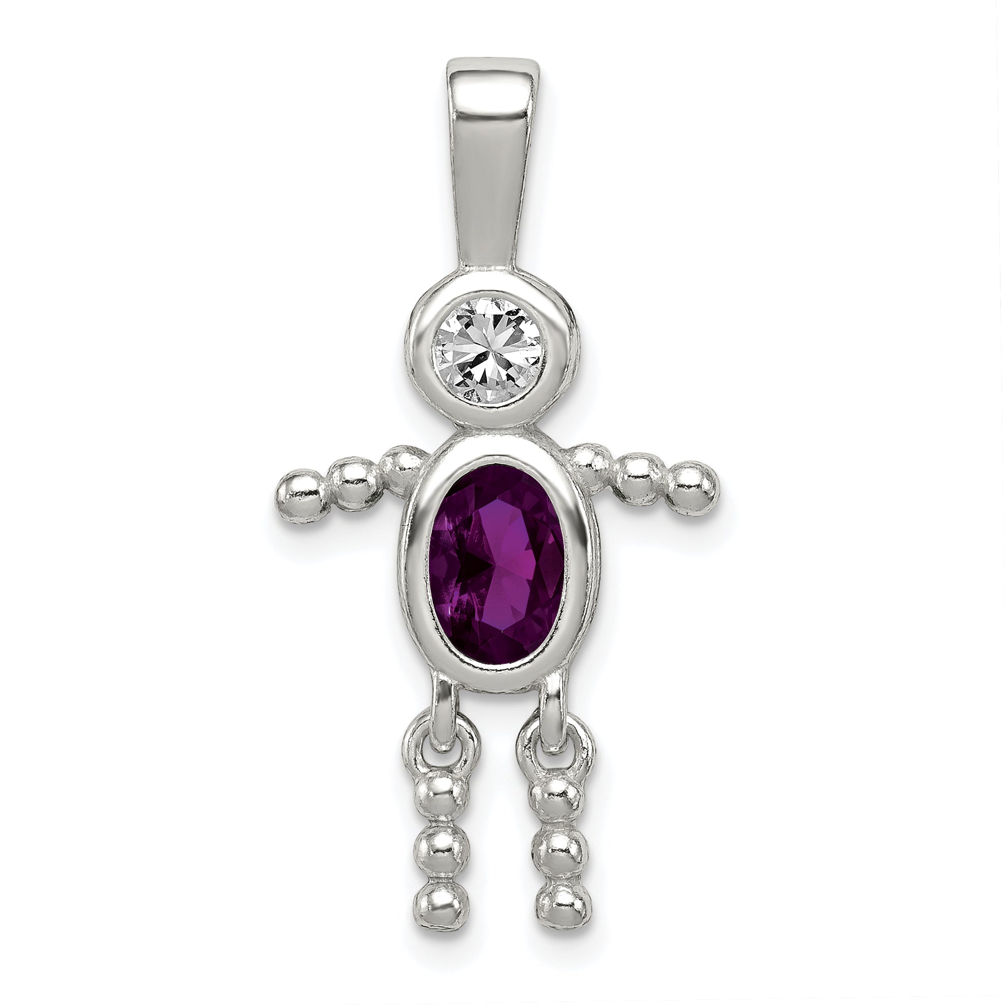 Sterling Silver Rhodium-plated CZ & February Glass Boy Pendant Main image