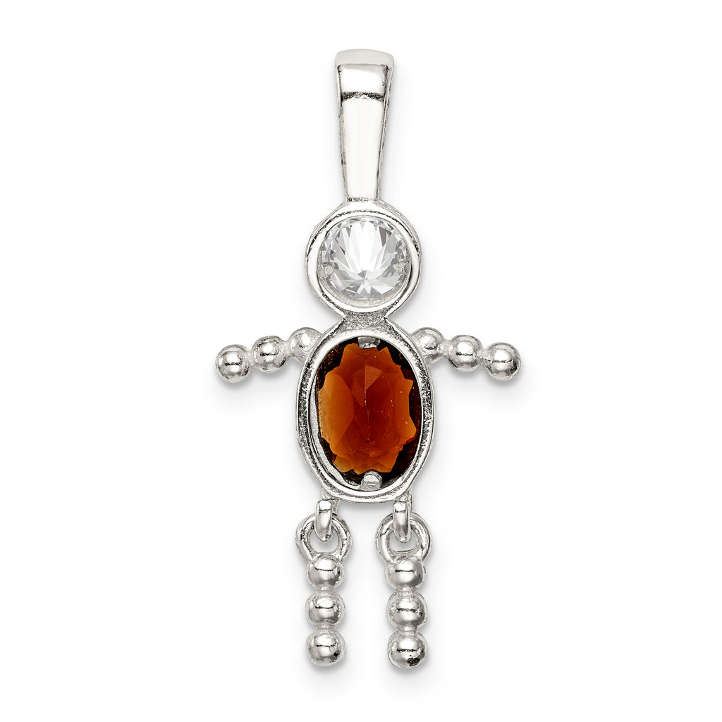 Sterling Silver Rhodium-Plated Boy Pendant with January Synthetic Birthstone