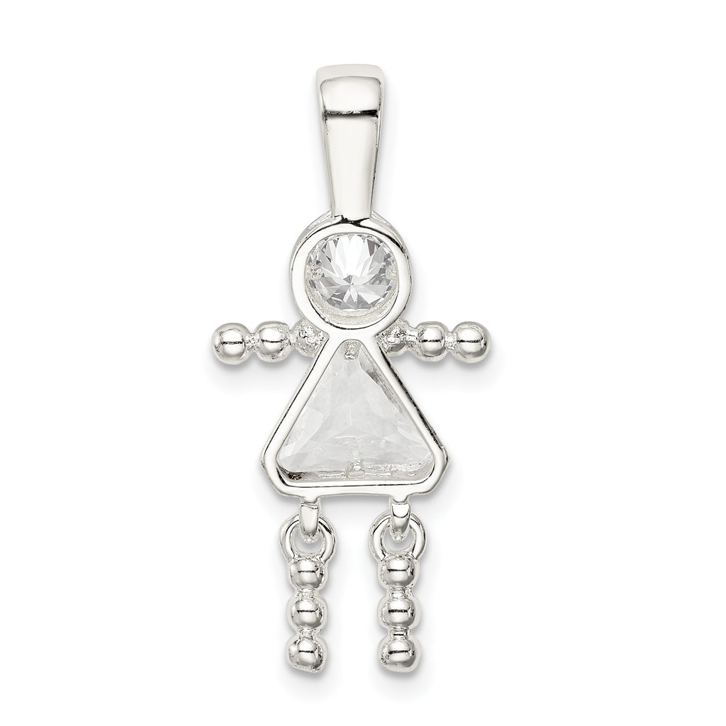 Sterling Silver Rhodium-Plated CZ April Glass Girl Pendant Elegant Birthstone Charm