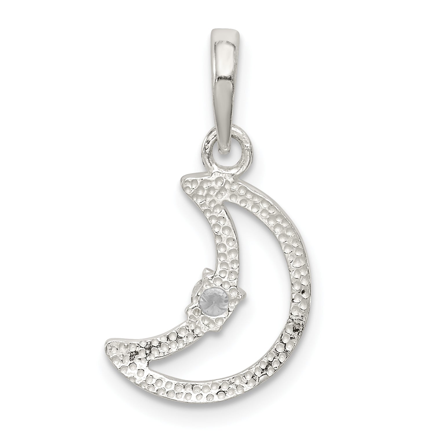 Sterling Silver 925 Moon Pendant with Clear CZ Anti-Tarnish Finish