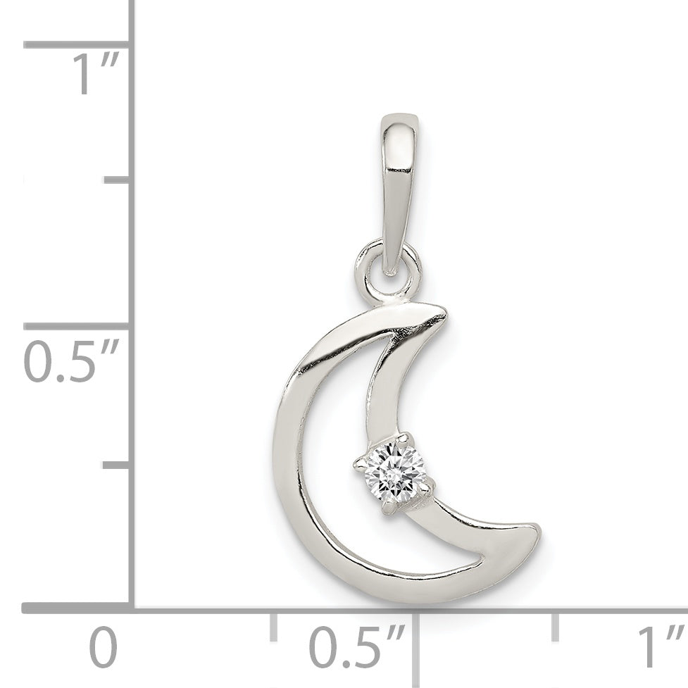 Sterling Silver 925 Moon Pendant with Clear CZ Anti-Tarnish Finish