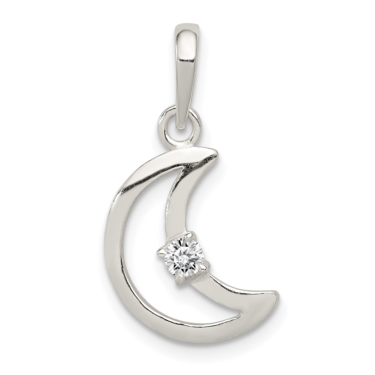 Sterling Silver & CZ Polished Moon Pendant Main image