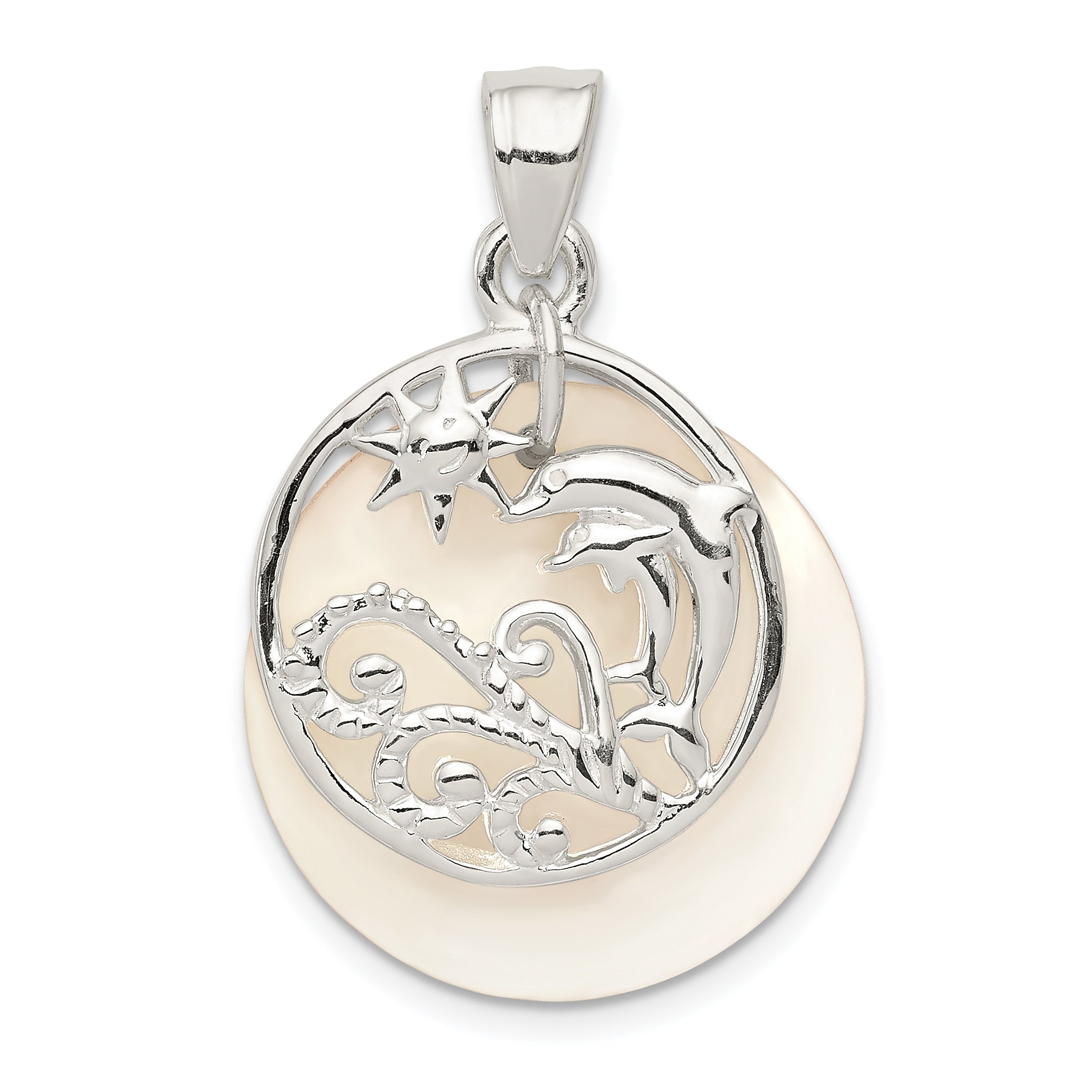Sterling Silver Polished Dolphin & Waves Mother of Pearl Pendant Main image