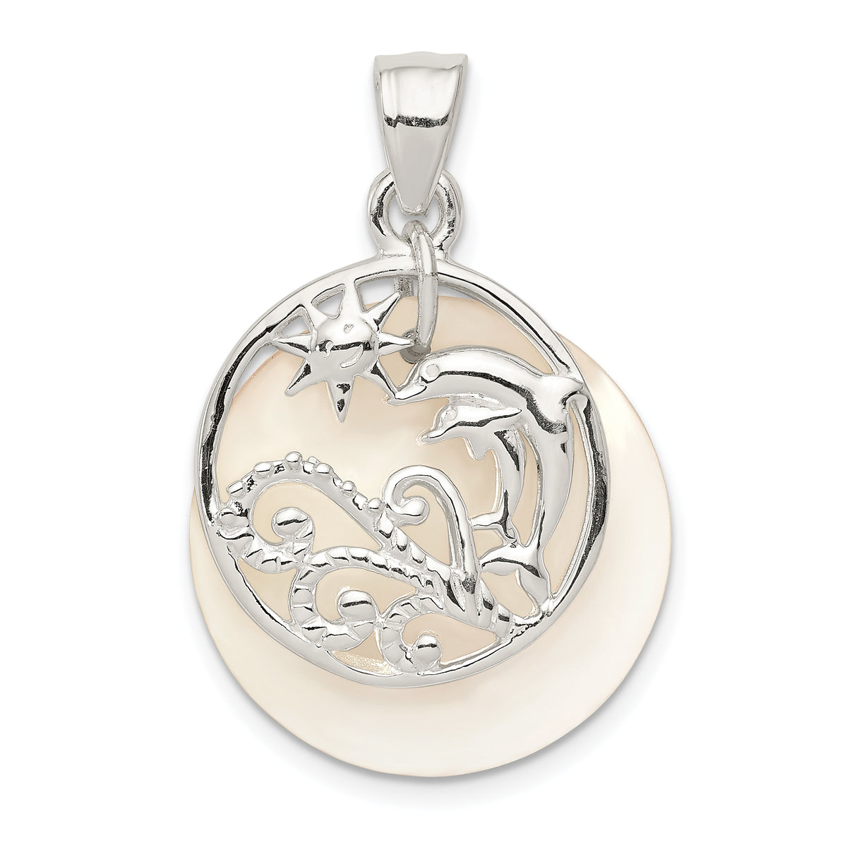 Sterling Silver Polished Dolphin & Waves Mother of Pearl Pendant