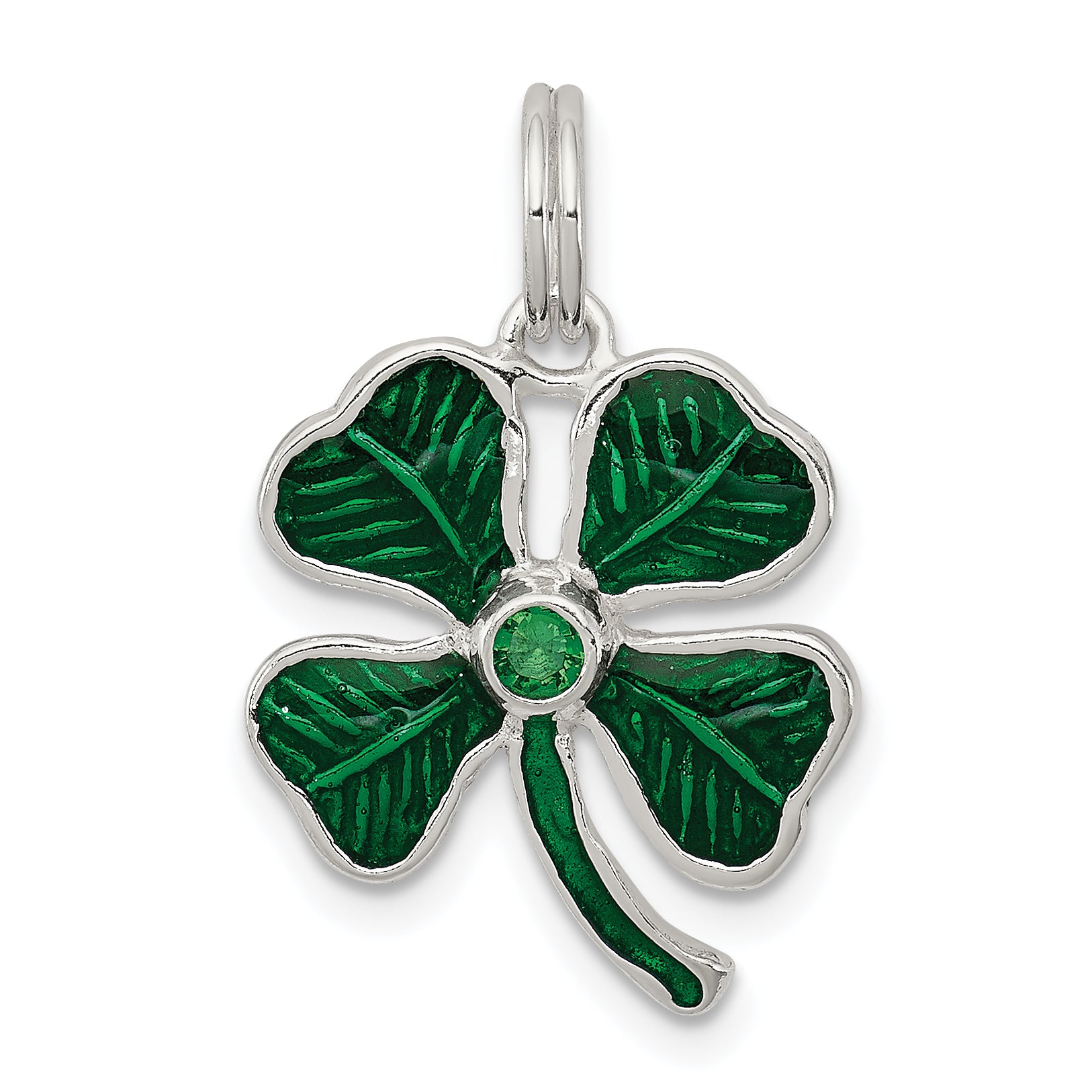 Sterling Silver Enameled 4-Leaf Clover with Green Glass Stone Charm