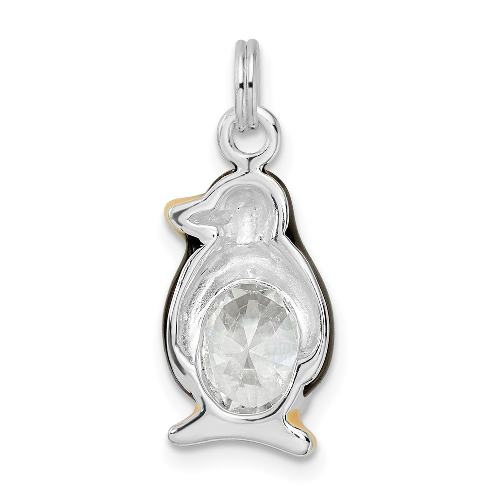 925 Sterling Silver Polished Penguin Charm with CZ and Enamel Detailing