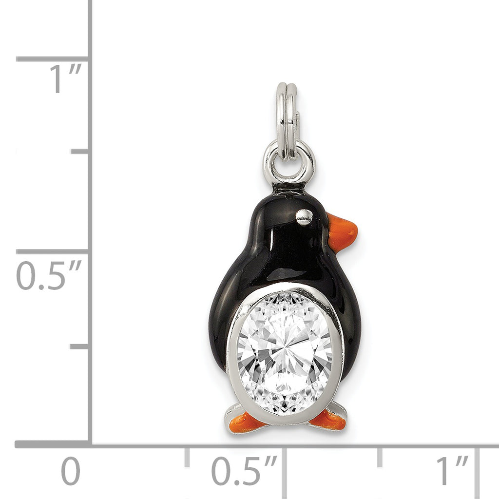 925 Sterling Silver Polished Penguin Charm with CZ and Enamel Detailing