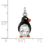 925 Sterling Silver Polished Penguin Charm with CZ and Enamel Detailing