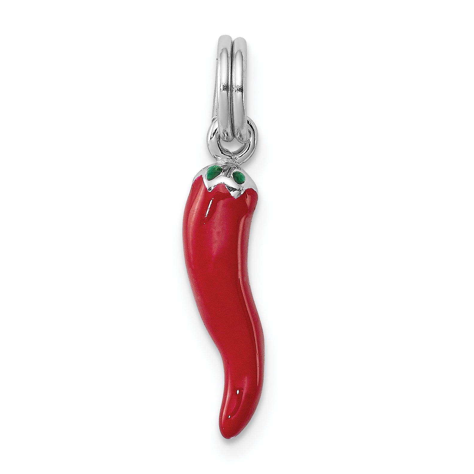 Sterling Silver Rhodium Plated Red Enamel with Green Enamel Accent Pepper Charm Main image