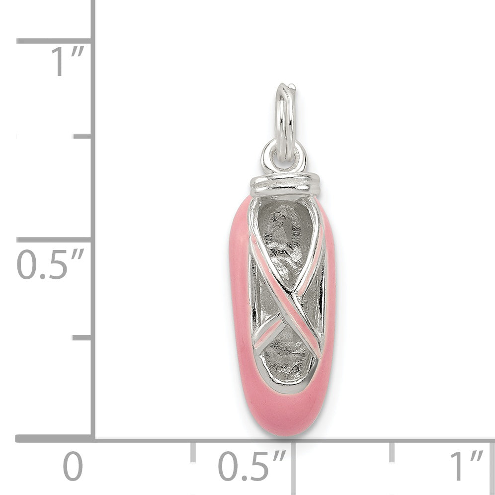 Sterling Silver Enamel Ballet Slipper Pendant with Polished 3D Design