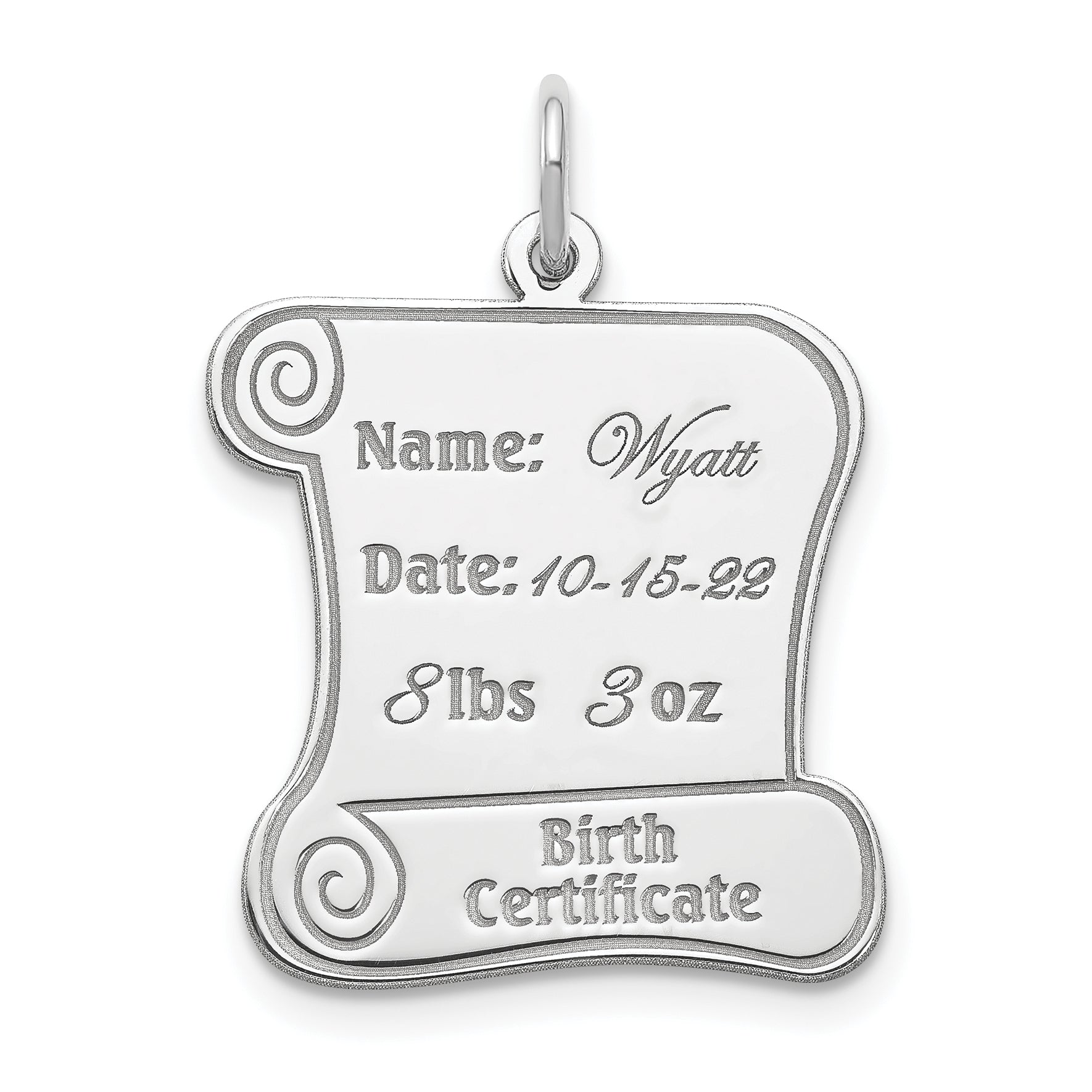 Sterling Silver Rhodium-plated Personalizable Birth Certificate Charm Main image