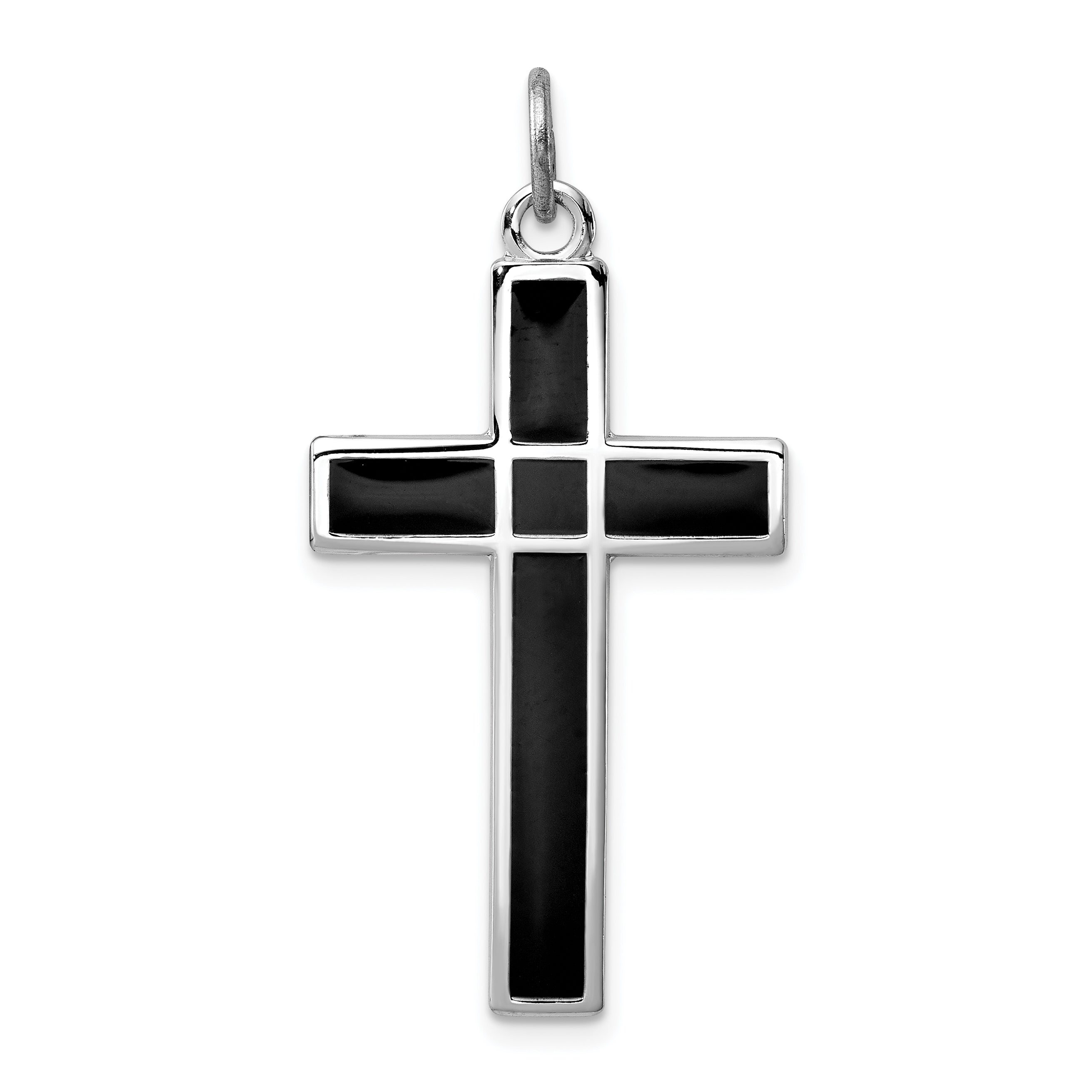 Sterling Silver Rhodium-plated Brshed & Polished Enml Black Cross Pendant Main image