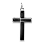 Sterling Silver Rhodium-plated Brshed & Polished Enml Black Cross Pendant