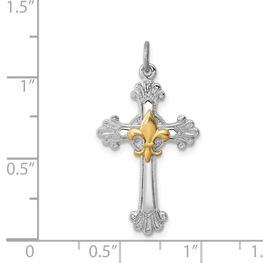 Sterling Silver 925 Cross & Fleur de Lis Pendant with Gold Accents