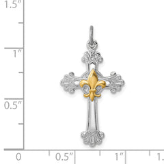 Sterling Silver 925 Cross & Fleur de Lis Pendant with Gold Accents
