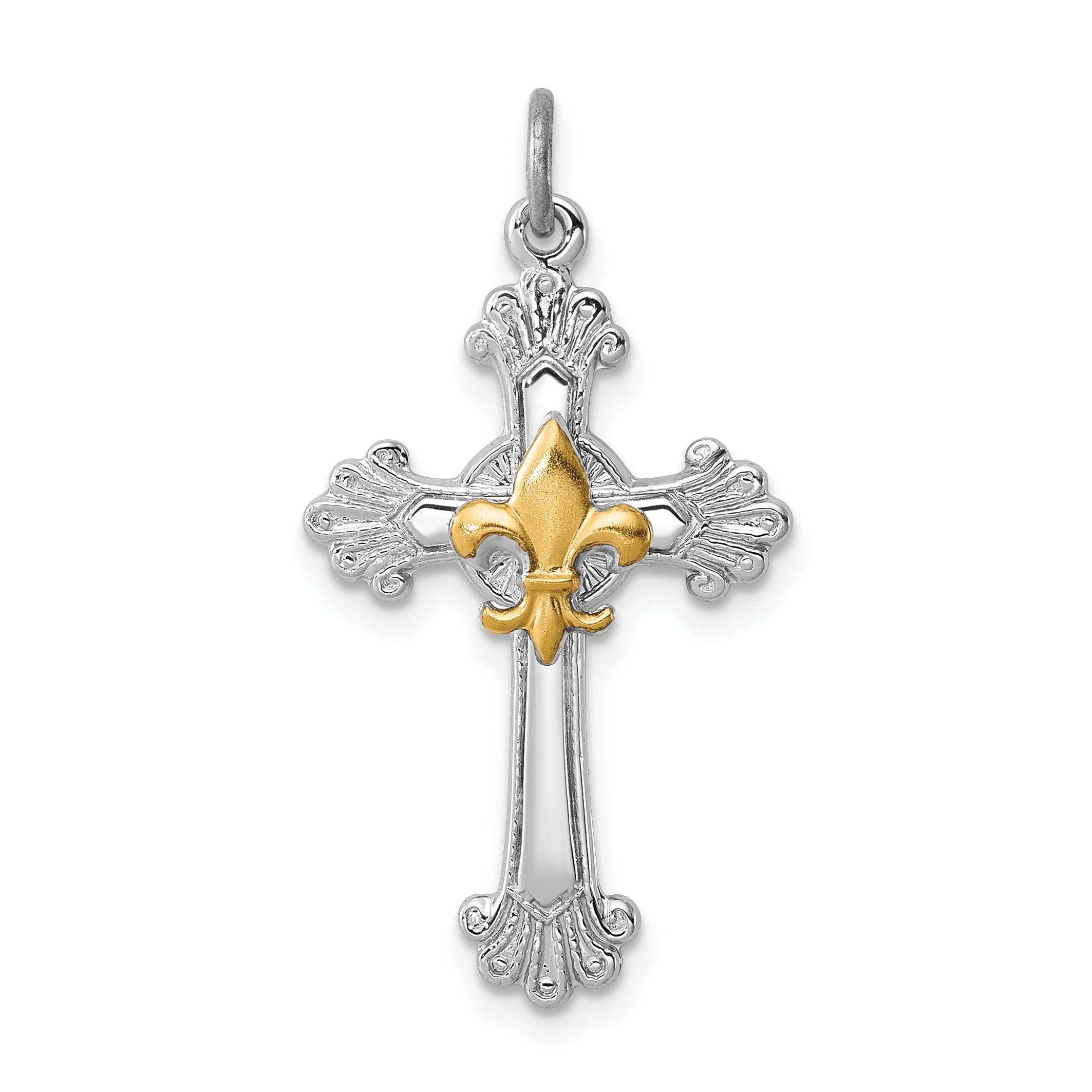 Sterling Silver Rhodium-plated & Gold-plated Cross & Fleur de lis Pendant Main image