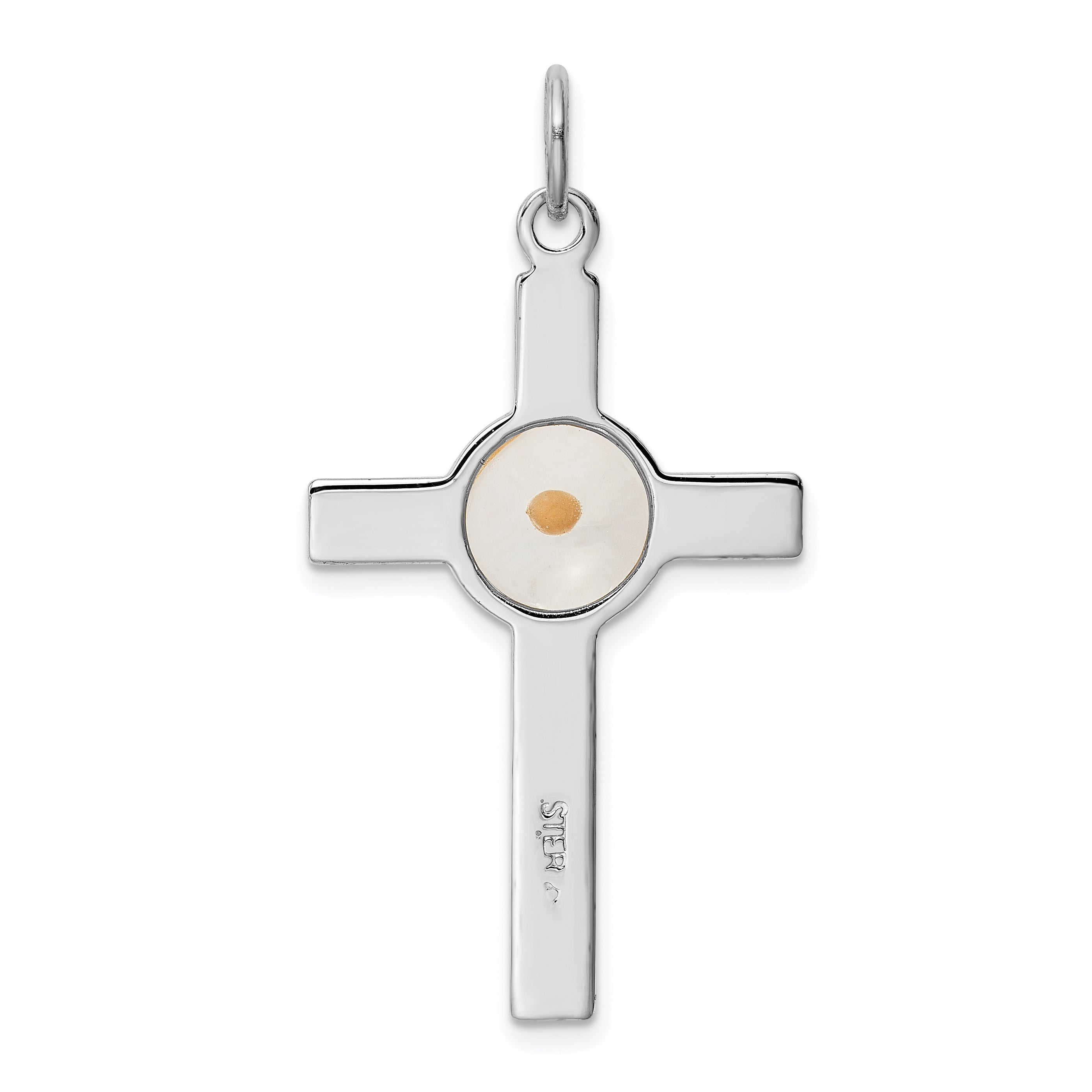 Sterling Silver Rhodium-plated Polshd & Epxy Cross With Mustard Seed Pendant