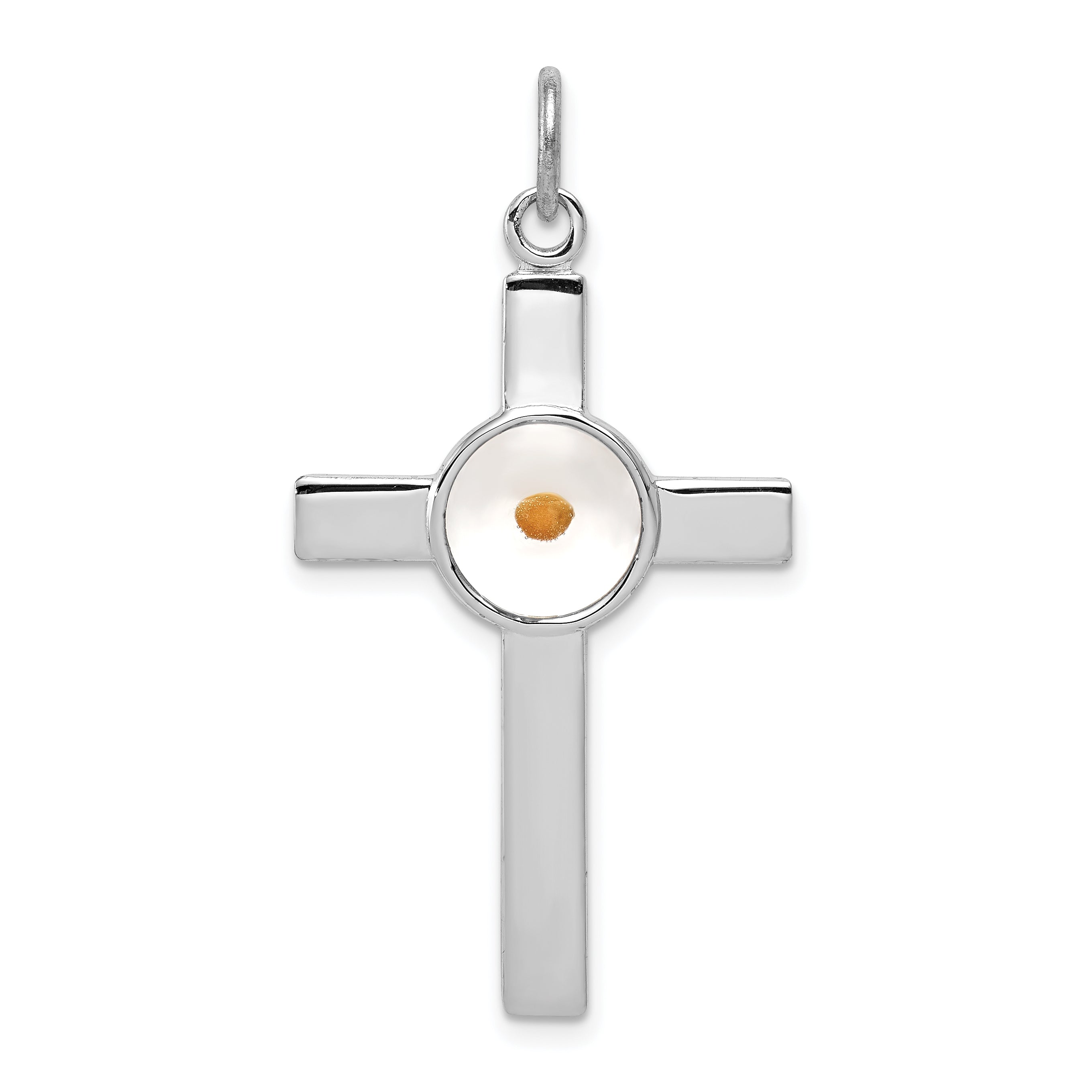 Sterling Silver Rhodium-plated Polshd & Epxy Cross w/Mustard Seed Pendant