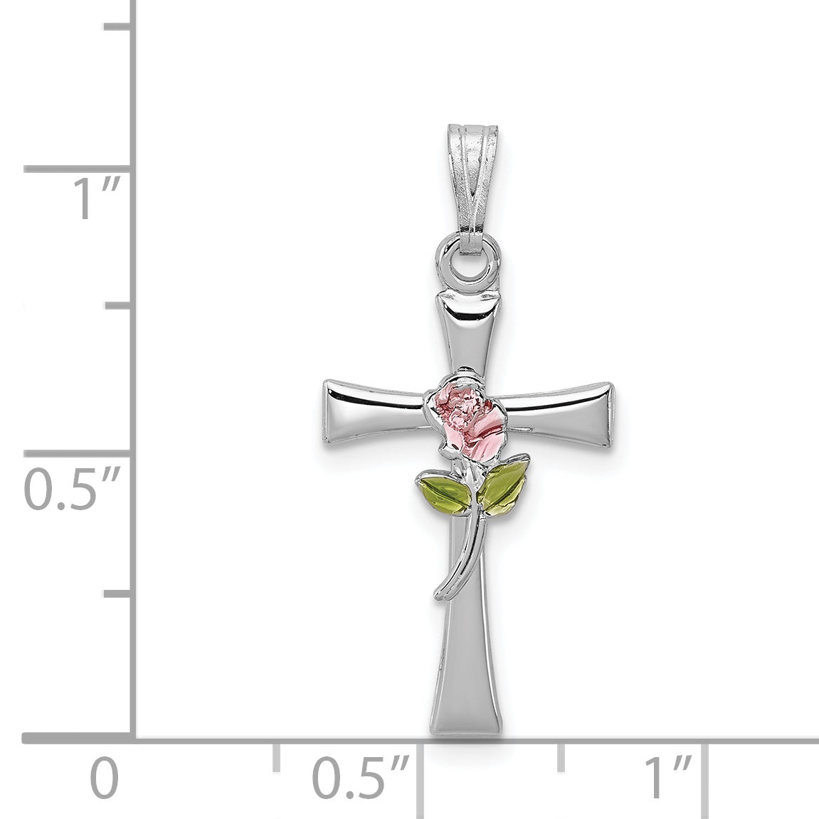 Sterling Silver Rhodium-Plated Cross Pendant with Epoxy Rose Center