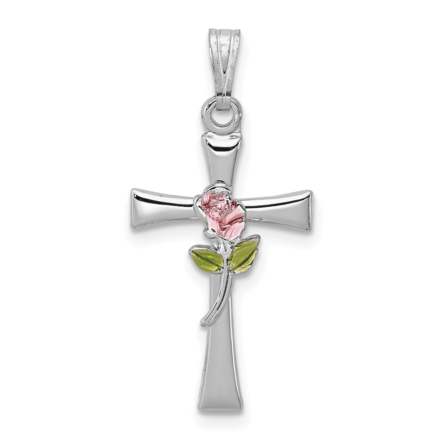 Sterling Silver Rhodium-plated Cross with Epoxy Rose Center Pendant Main image