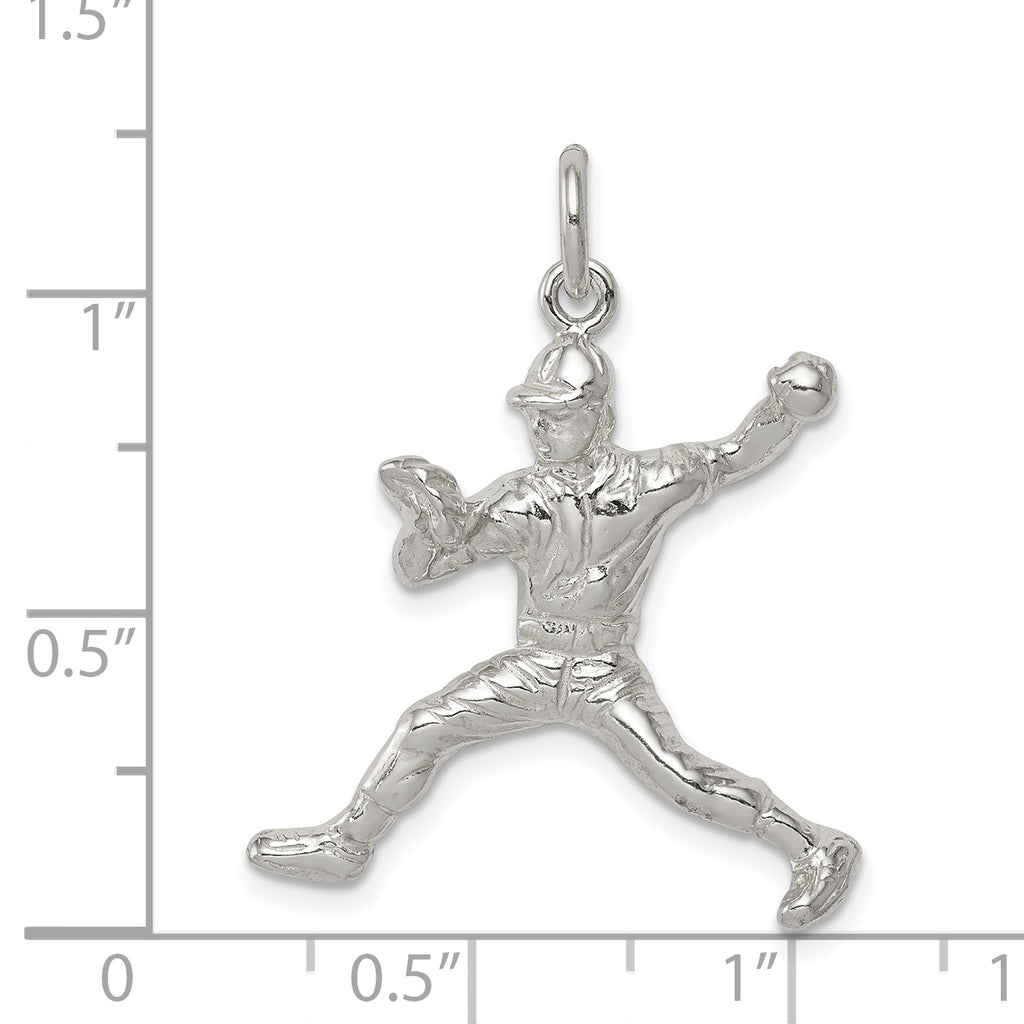 Sterling Silver 925 Baseball Pitcher Charm with Polished Finish