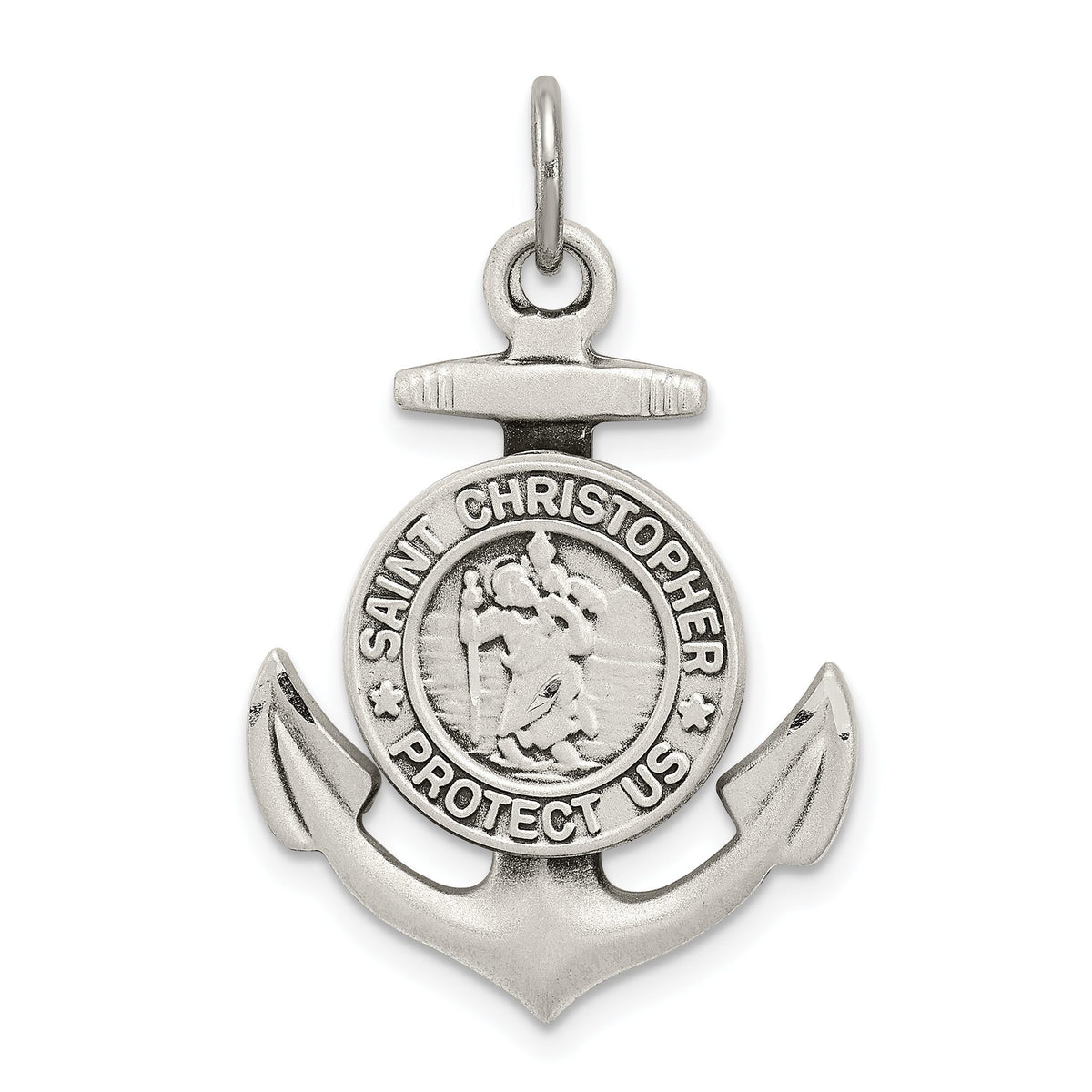 St Christopher Anchor Medal in Sterling Silver, 33mm Antiqued - Sophia Jewelers Main image