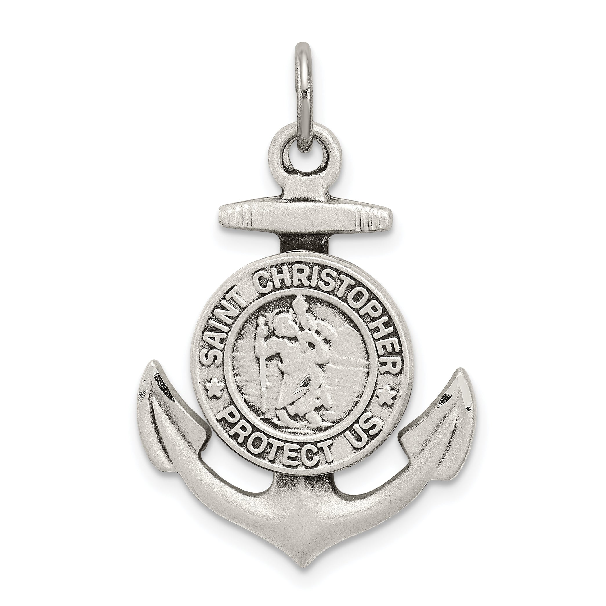 Sterling Silver Antiqued Satin St Christopher Anchor Medal Pendant Main image