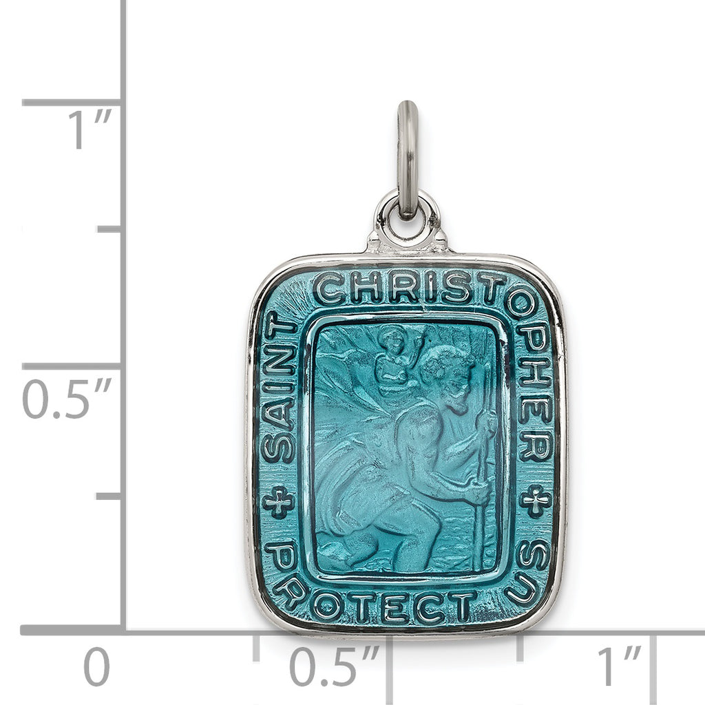 Sterling Silver Blue Enamel St. Christopher Pendant, Platinum Antique Finish