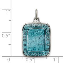 Sterling Silver Blue Enamel St. Christopher Pendant, Platinum Antique Finish