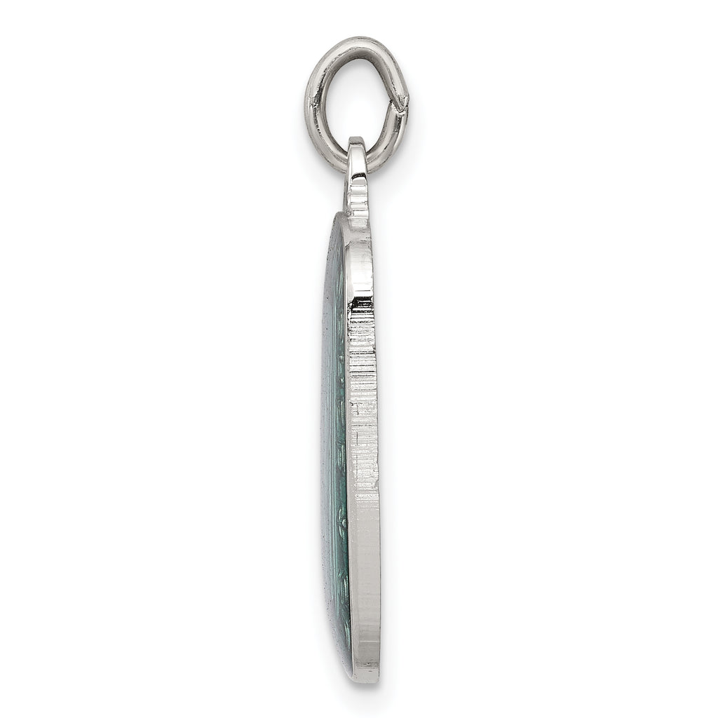 Sterling Silver St. Christopher Pendant with Teal Enamel and Platinum Finish