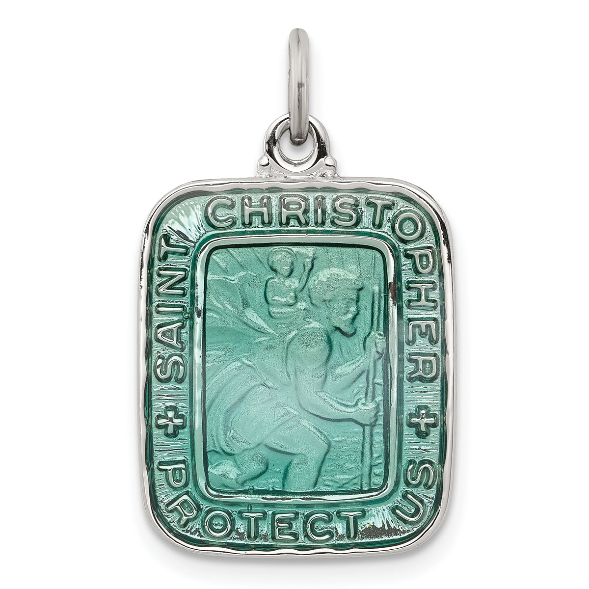 Sterling Silver Teal Enamel Square St. Christopher Medal Pendant