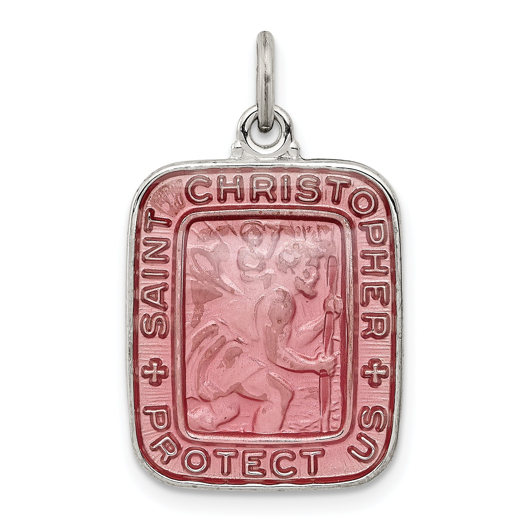 Sterling Silver Pink Enamel Square St. Christopher Medal Pendant Main image