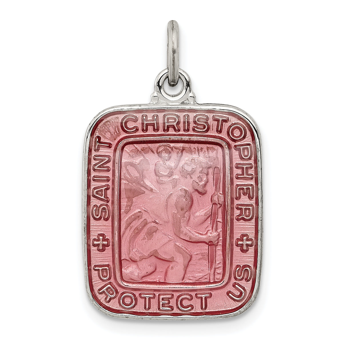 Sterling Silver Pink Enamel Square St. Christopher Medal Pendant