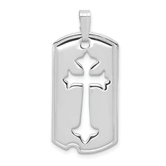 Sterling Silver Rhodium-plated Polished Dog Tag w/Cut out Cross Pendant