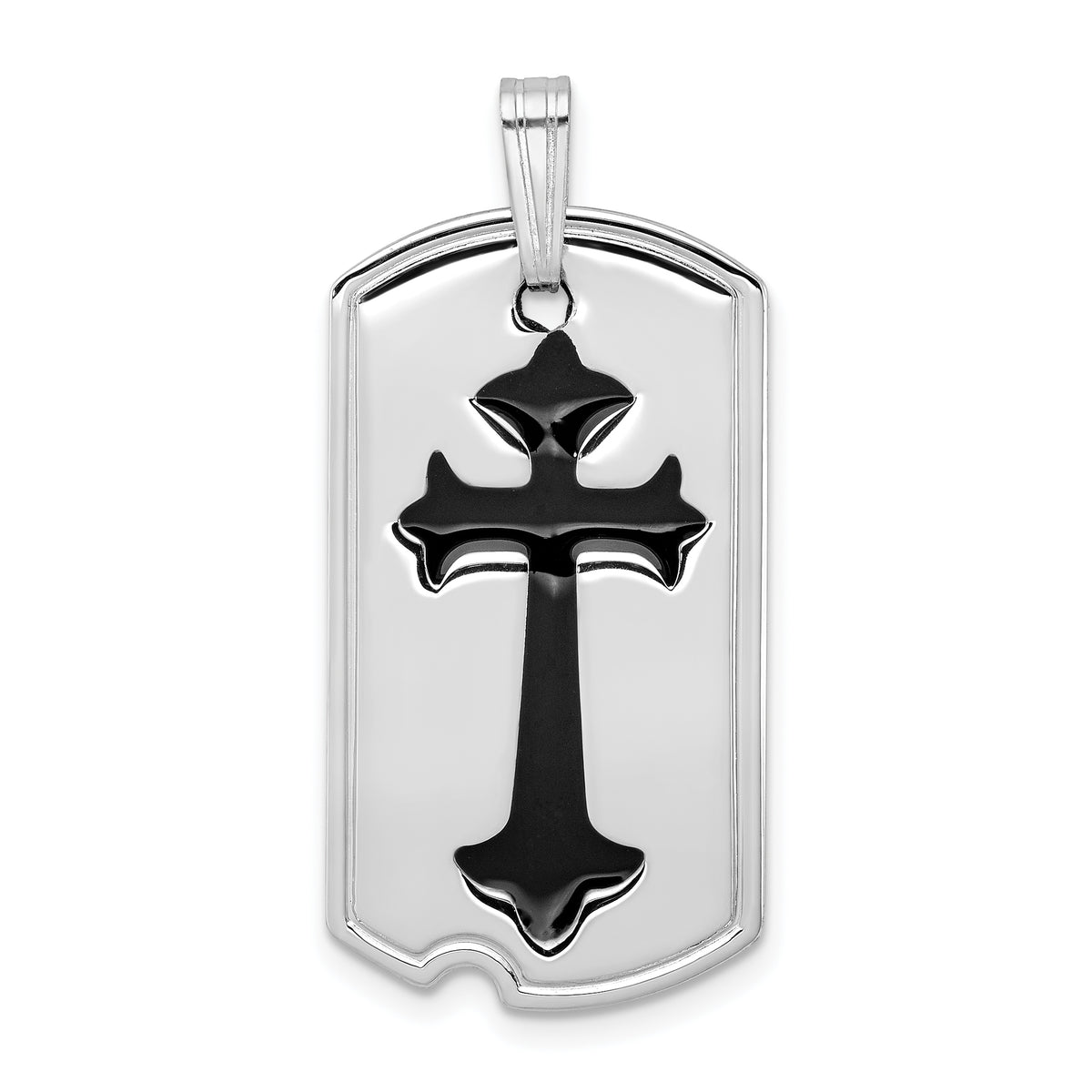Sterling Silver Rhodium-plated Polished Black Epoxy Cross Dog Tag Pendant