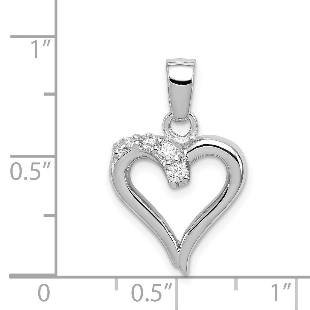 Sterling Silver 925 Heart Pendant with Clear CZ and Polished Rhodium