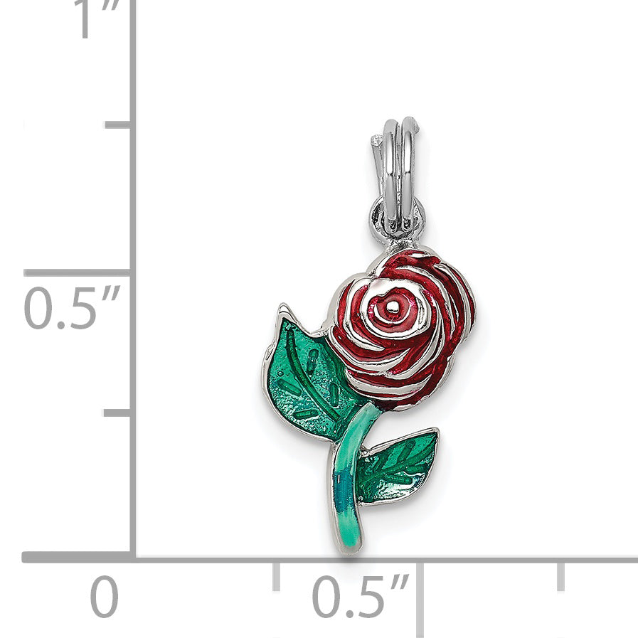 Sterling Silver Enamel Rose Charm with Rhodium Plating Elegant and Themed