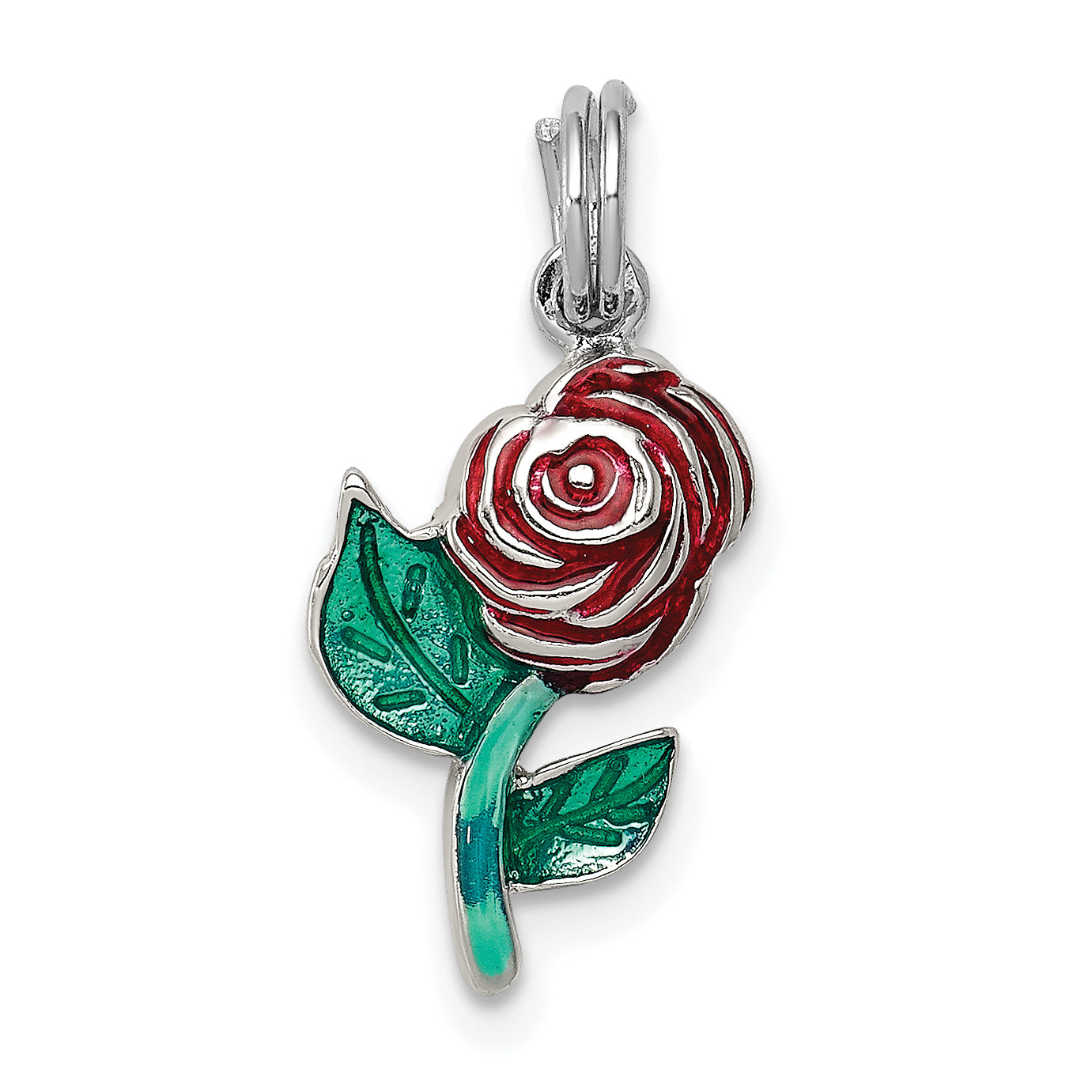 Sterling Silver Rhodium-plated Green and Red Enamel Rose Charm Main image