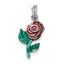 Sterling Silver Rhodium-plated Green and Red Enamel Rose Charm