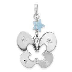 Sterling Silver 925 Butterfly Pendant with Blue Glass, Polished Diamond-Cut Finish