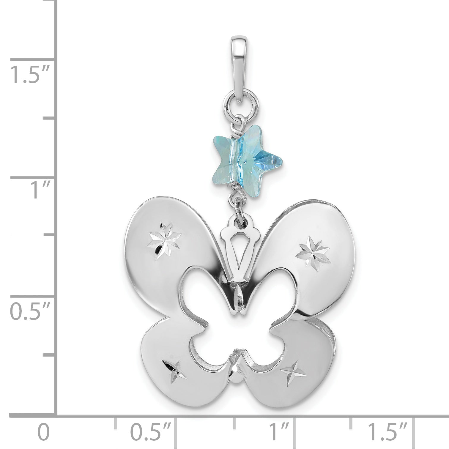 Sterling Silver 925 Butterfly Pendant with Blue Glass, Polished Diamond-Cut Finish