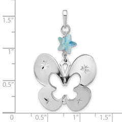 Sterling Silver 925 Butterfly Pendant with Blue Glass, Polished Diamond-Cut Finish
