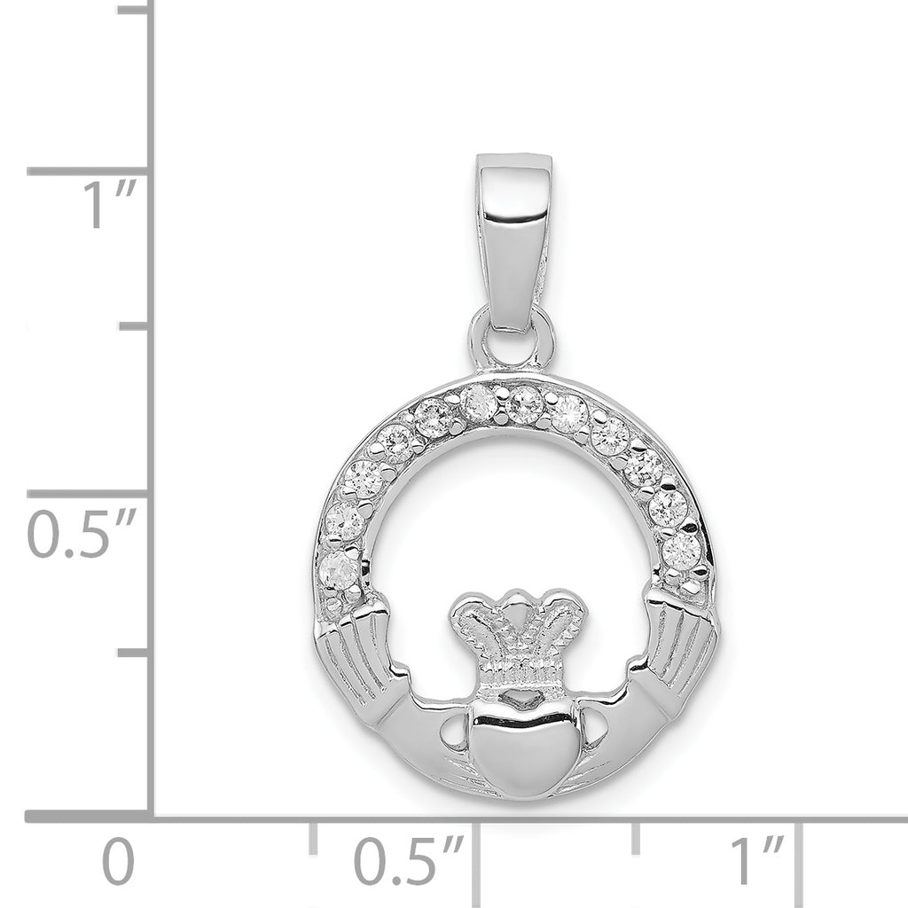 Elegant Sterling Silver 925 CZ Claddagh Pendant with Rhodium Finish