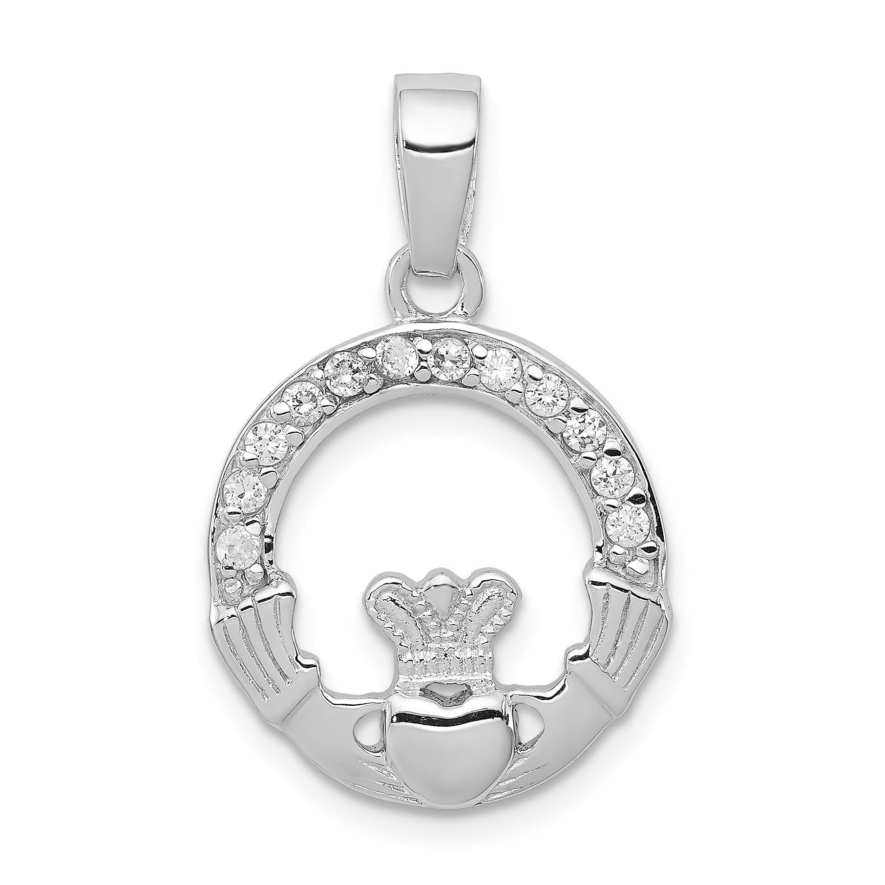 Sterling Silver Rhodium Plated CZ Claddagh Pendant Main image