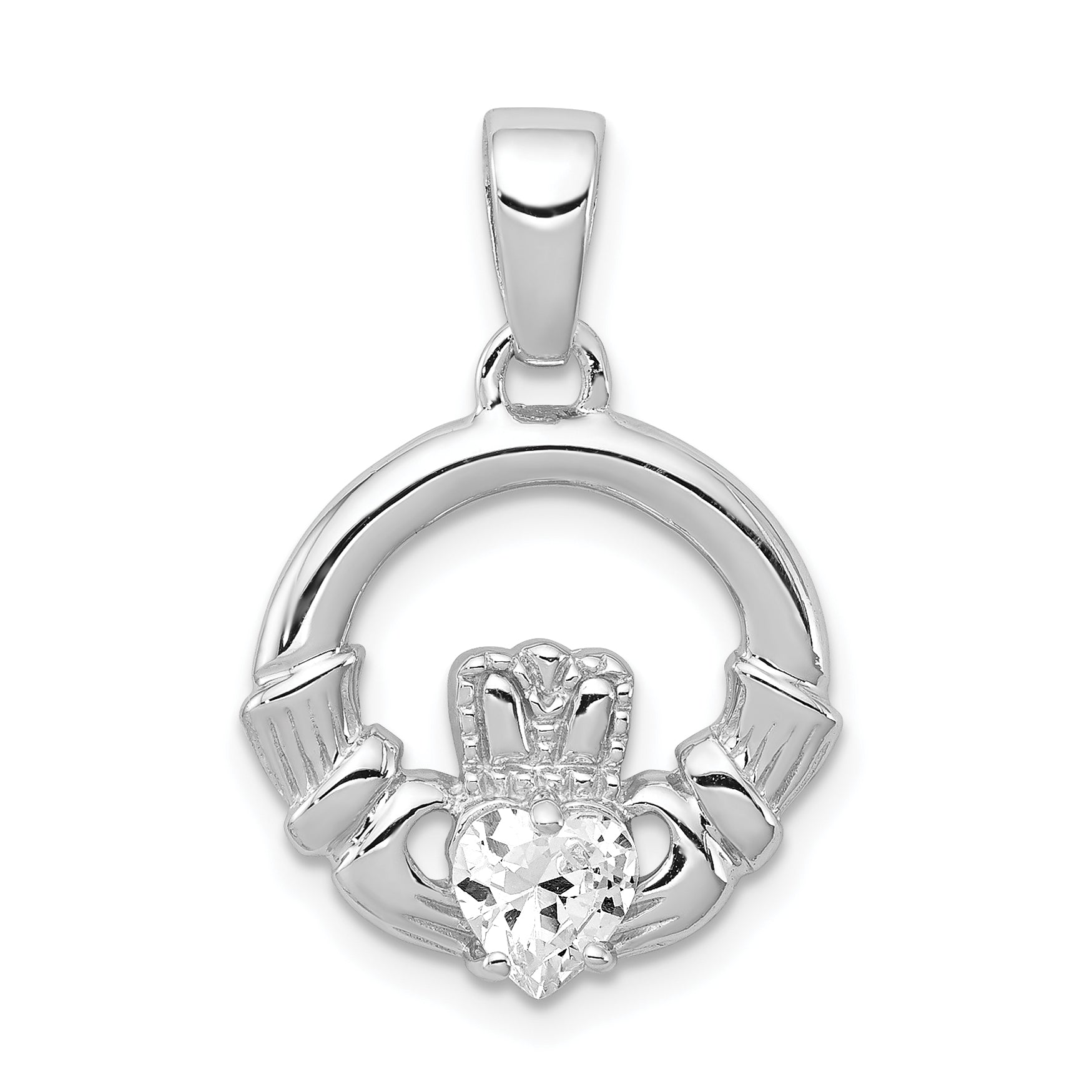 Sterling Silver Rhodium Plated CZ Claddagh Pendant Main image
