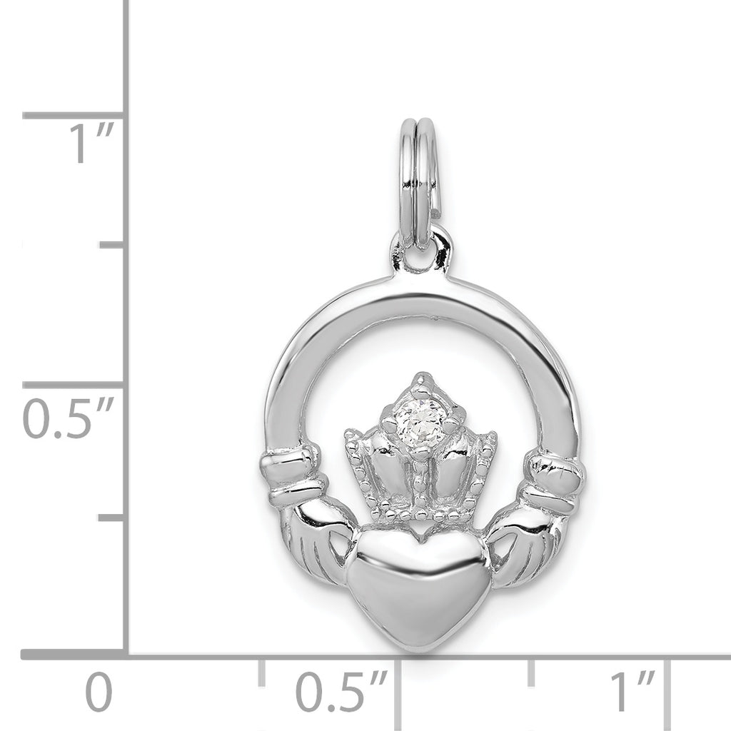 Sophia Jewelers Sterling Silver CZ Claddagh Pendant with Rhodium Polish