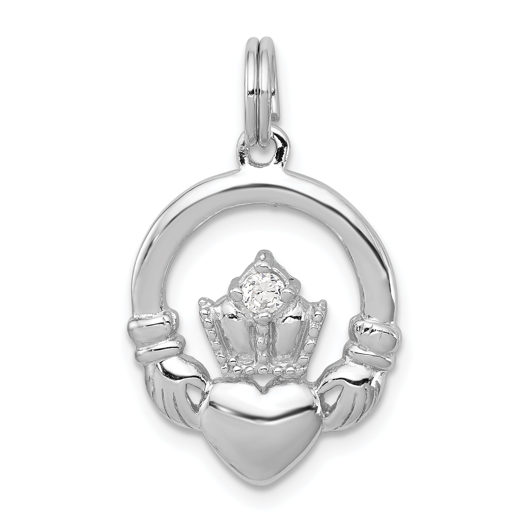 Sterling Silver Rhodium-plated CZ Irish Claddagh Pendant Main image