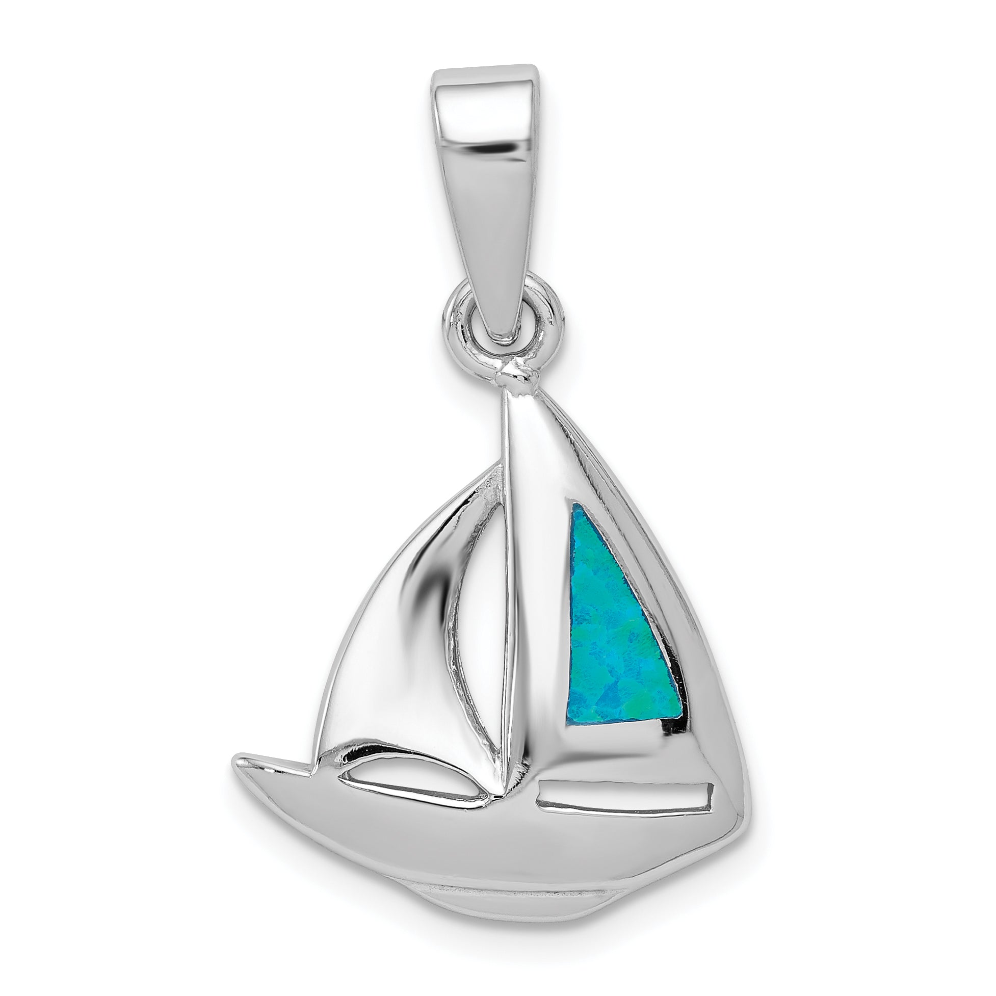 Sterling Silver Rhodium plated Blue Inlay Created Opal Sailboat Pendant Main image
