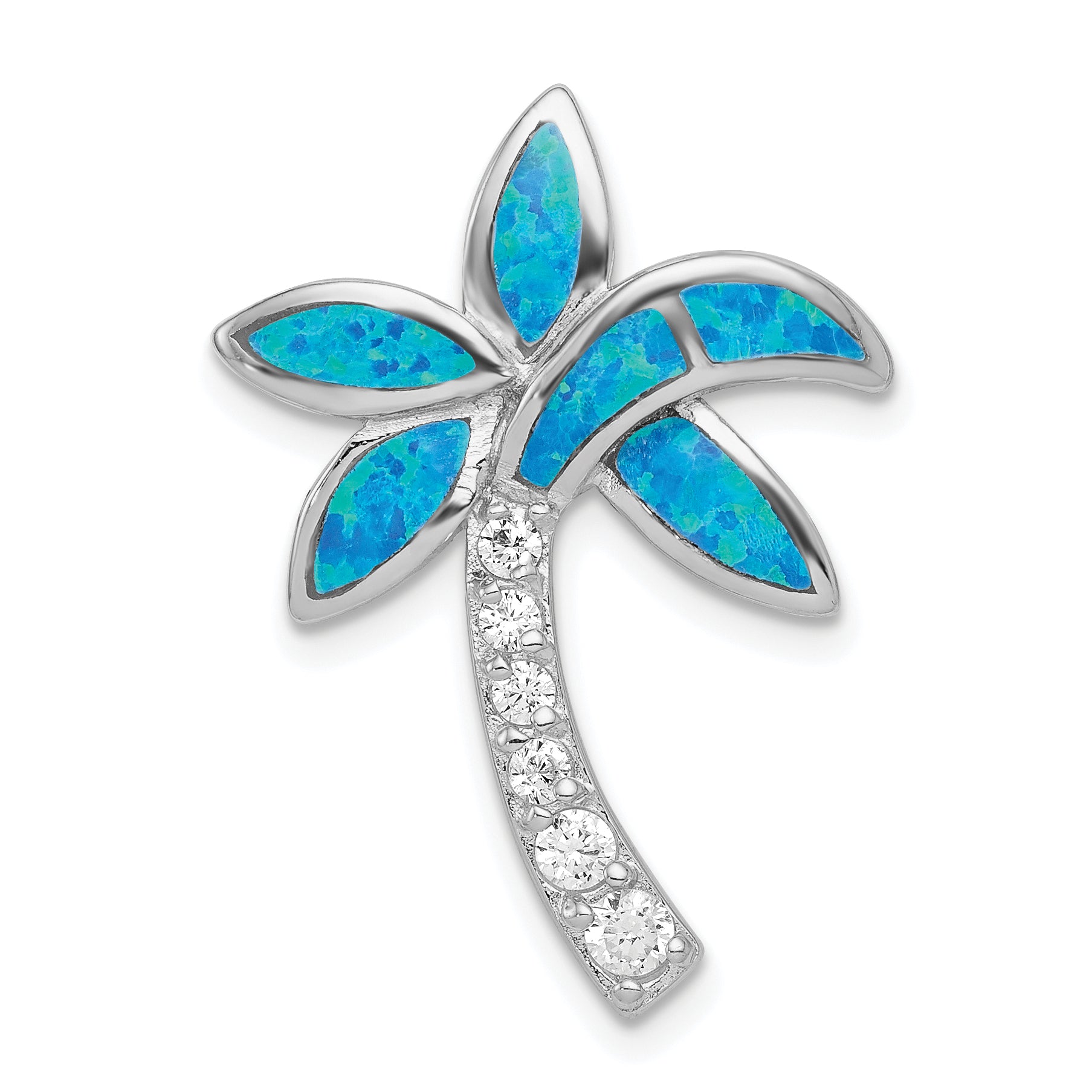 Sterling Silver Rhod-pltd CZ Blue Inlay Created Opal Palm Tree Pendant